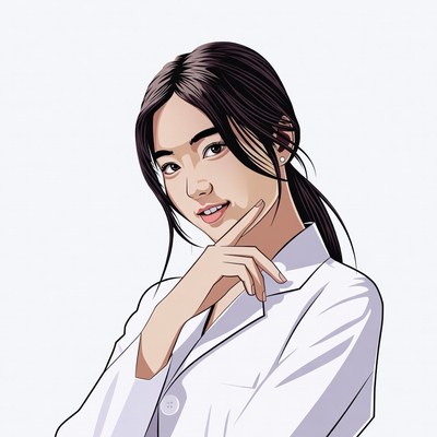 Asian woman in white lab coat thinking