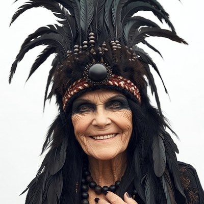Elderly woman in Native American headdress