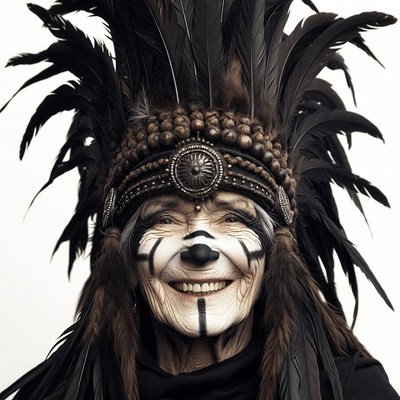 Elderly woman in Native American headdress