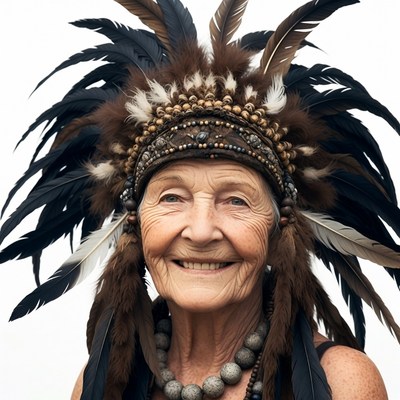 Elderly woman in Native American headdress