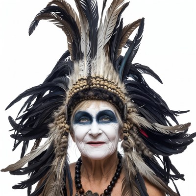 Elderly woman in Native American headdress