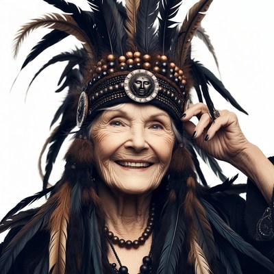 Elderly woman in Native American headdress