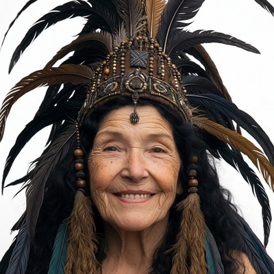 Elderly woman in feathered headdress