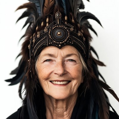 Elderly woman in Native American headdress