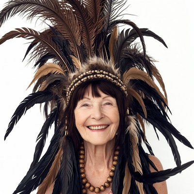 Elderly woman in feathered headdress