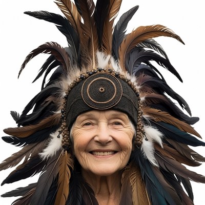 Elderly woman in Native American headdress
