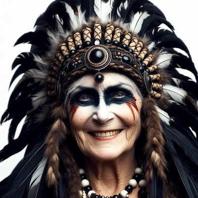 Elderly woman in Native American headdress