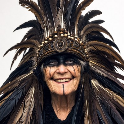 Elderly woman in Native American headdress