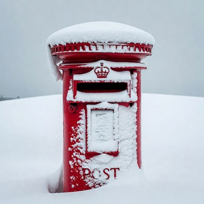 Red Post Box Covered in Snow