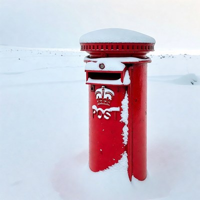 Red Post Box Covered in Snow
