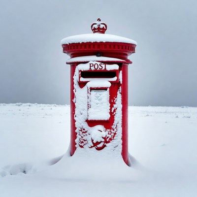 Snowy Red British Postbox in Field