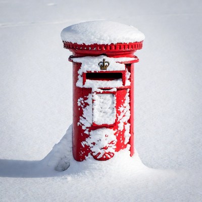 Red Post Box Covered in Snow
