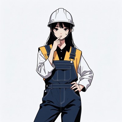 Anime girl in hard hat and overalls