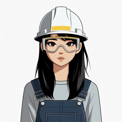 Asian woman in hard hat and overalls