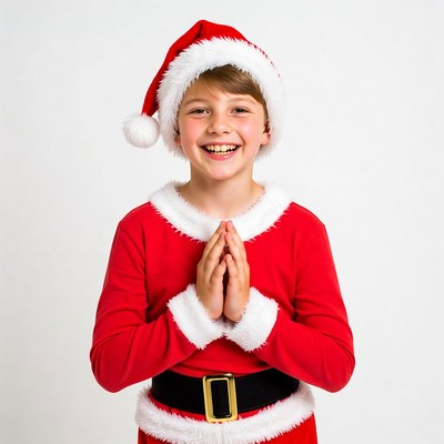 Boy in Santa costume praying