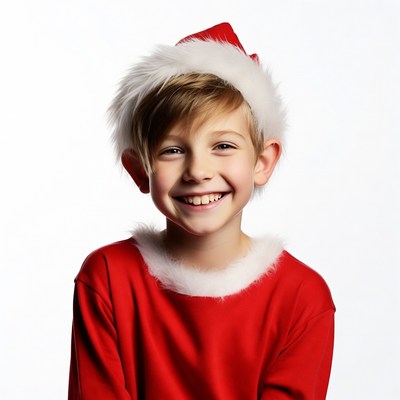 Boy smiling in Santa hat and suit