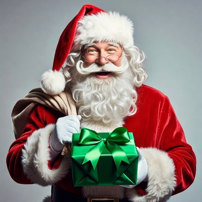 Smiling Santa holding green gift