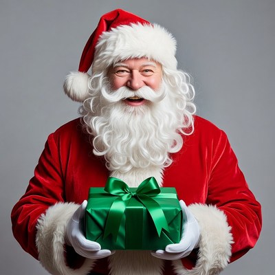 Santa Claus holding green gift