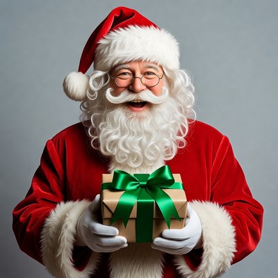 Smiling Santa holding green ribbon gift