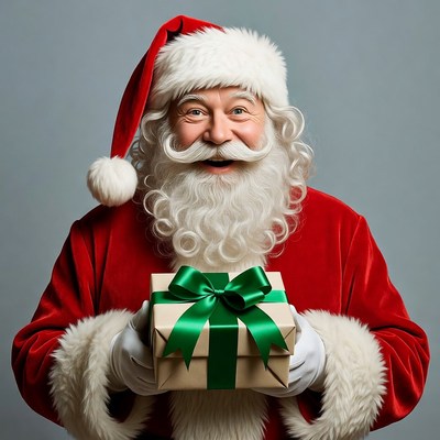 Santa Claus holding green ribbon gift box