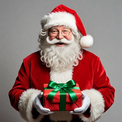 Santa Claus holding green gift box