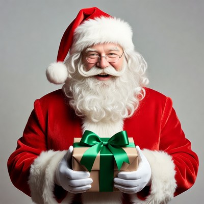 Santa Claus holding green gift box
