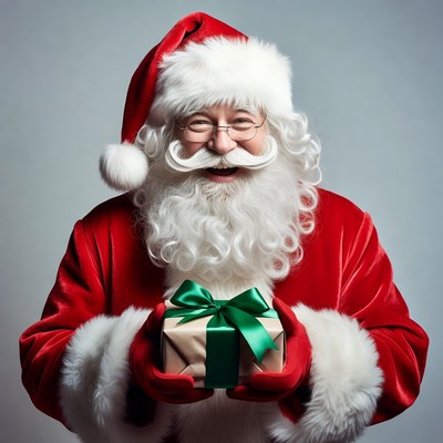 Santa Claus holding green ribbon gift