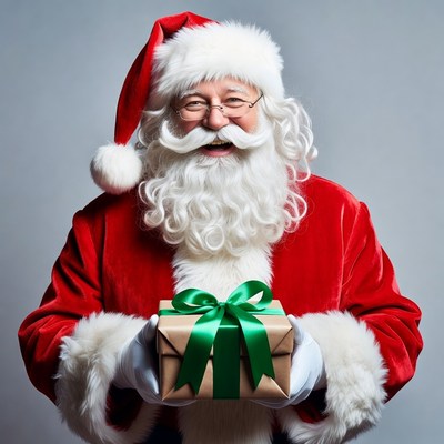 Santa Claus holding green ribbon gift