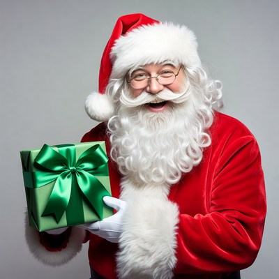 Smiling Santa holding green gift box