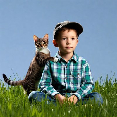 Boy sitting with tabby kitten on grass