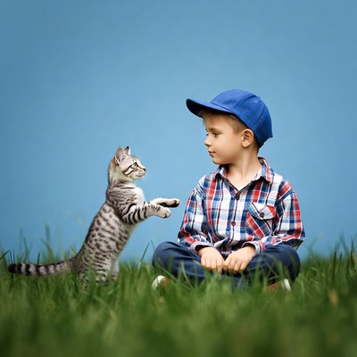 Boy playing with standing kitten