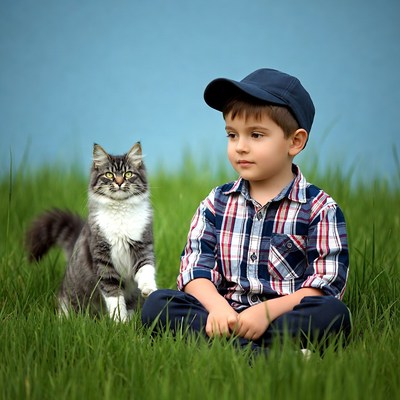 Boy sitting with tabby cat on grass