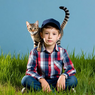 Boy with tabby cat on shoulders