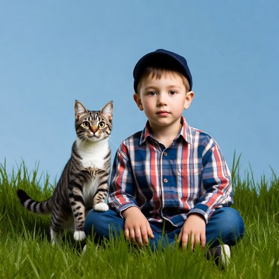 Boy sitting with tabby cat on grass