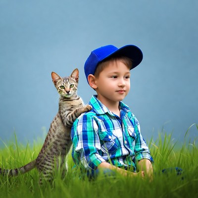 Boy with kitten on grass