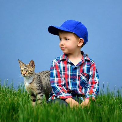 Boy with kitten on grass