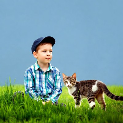 Boy sitting with cat in grass