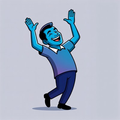 Cartoon man raising arms happily