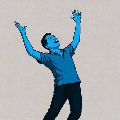 Asian man laughing with arms raised