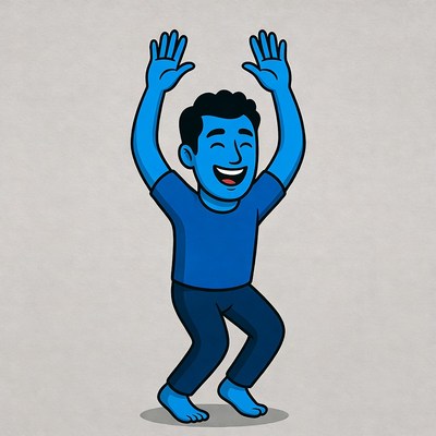 Blue cartoon man raising arms happily