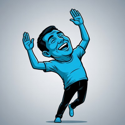 Cartoon man laughing with raised arms