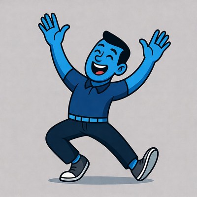 Cartoon man raising arms happily