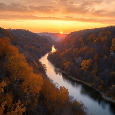 Autumn Sunset Over River Valley