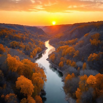 Autumn River Valley at Sunset