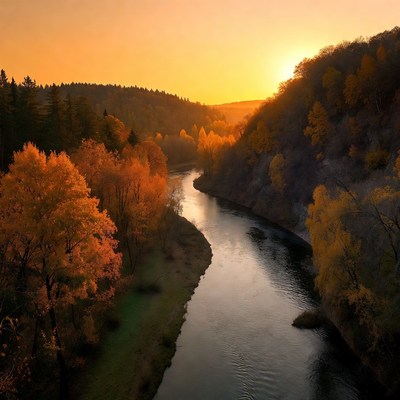 Autumn River Sunset Landscape