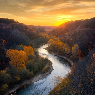 Autumn River Winding Through Golden Valley
