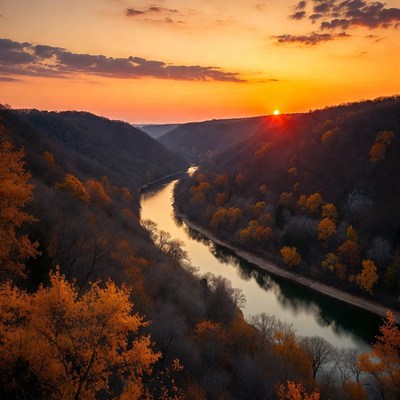 Sunset over Autumn River Valley