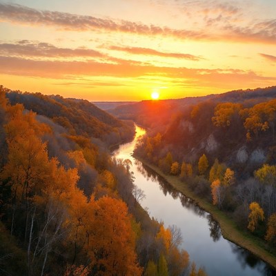 Autumn Sunset Over River Valley