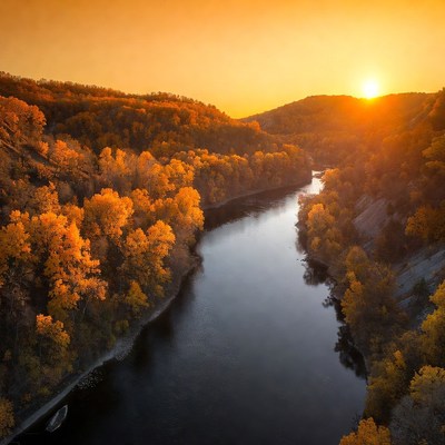 Autumn River Sunset in Forest Valley