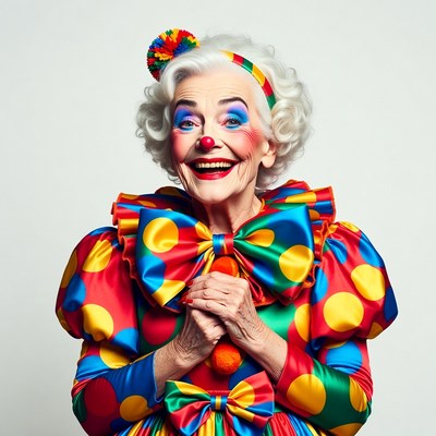 Elderly woman in colorful clown costume